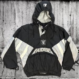 Vintage Oakland Raiders Starter Pullover Jacket Large - Black Silver Hooded NFL